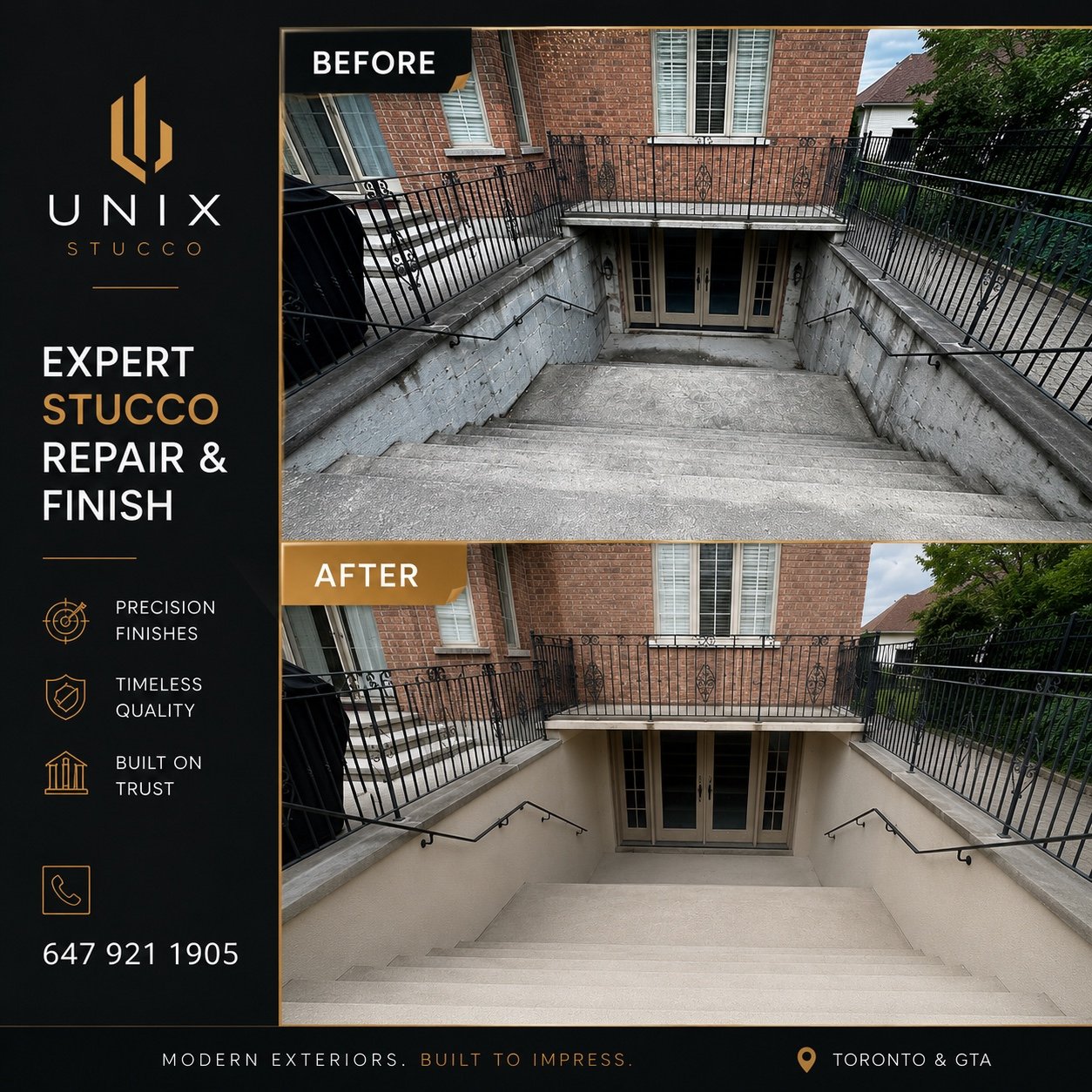 Before and after stairwell stucco repair